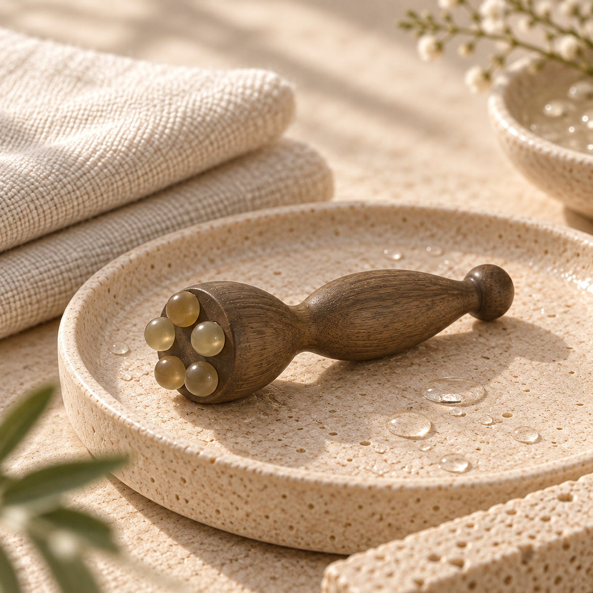 Green sandalwood eye massage tool: On a circular stone tray beside folded towels
