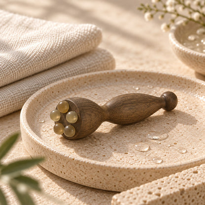 Green sandalwood eye massage tool: On a circular stone tray beside folded towels