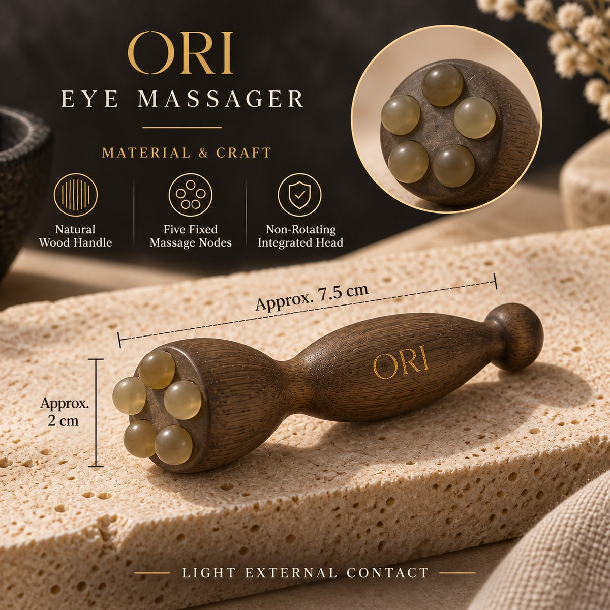 Green sandalwood eye massage tool: Material and dimension information panel
