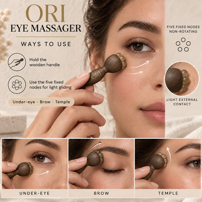 Green sandalwood eye massage tool: Usage guide showing facial massage positions