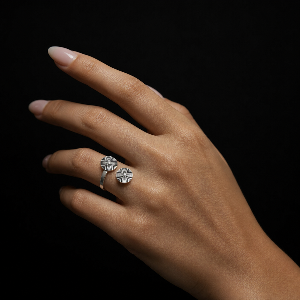 Handcrafted Miao Silver Double Spiral Ring – 999 Fine Silver Adjustable Ring