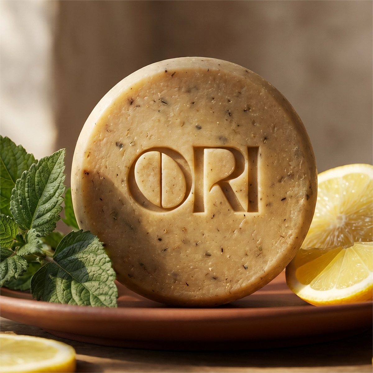 Heartleaf and goat milk soap bar: In a brown dish with lemon slices