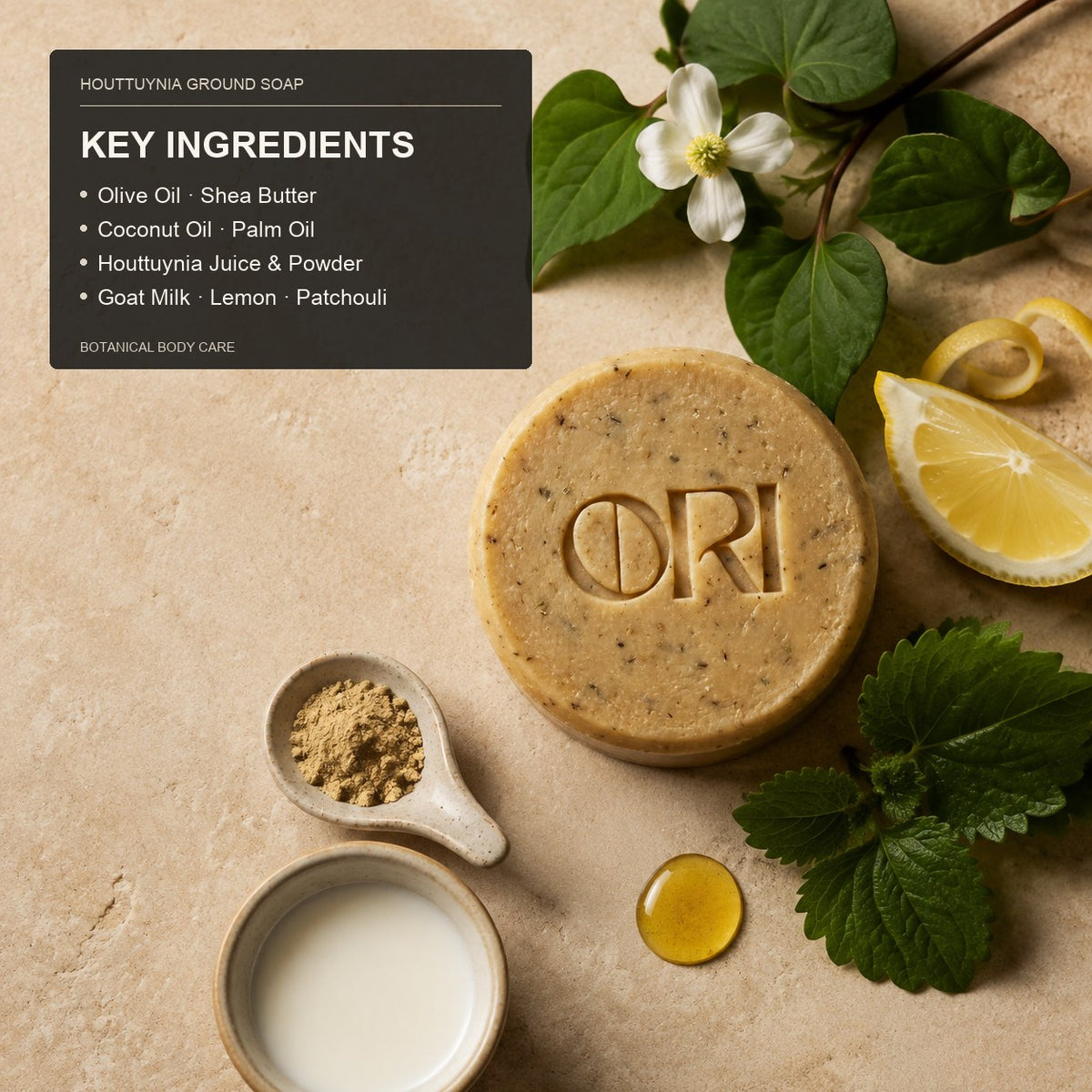 Heartleaf and goat milk soap bar: With an ingredient information panel