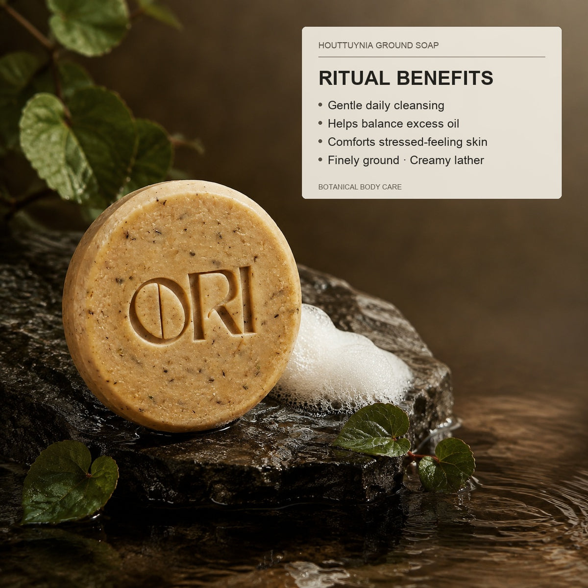 Heartleaf and goat milk soap bar: With a product information panel