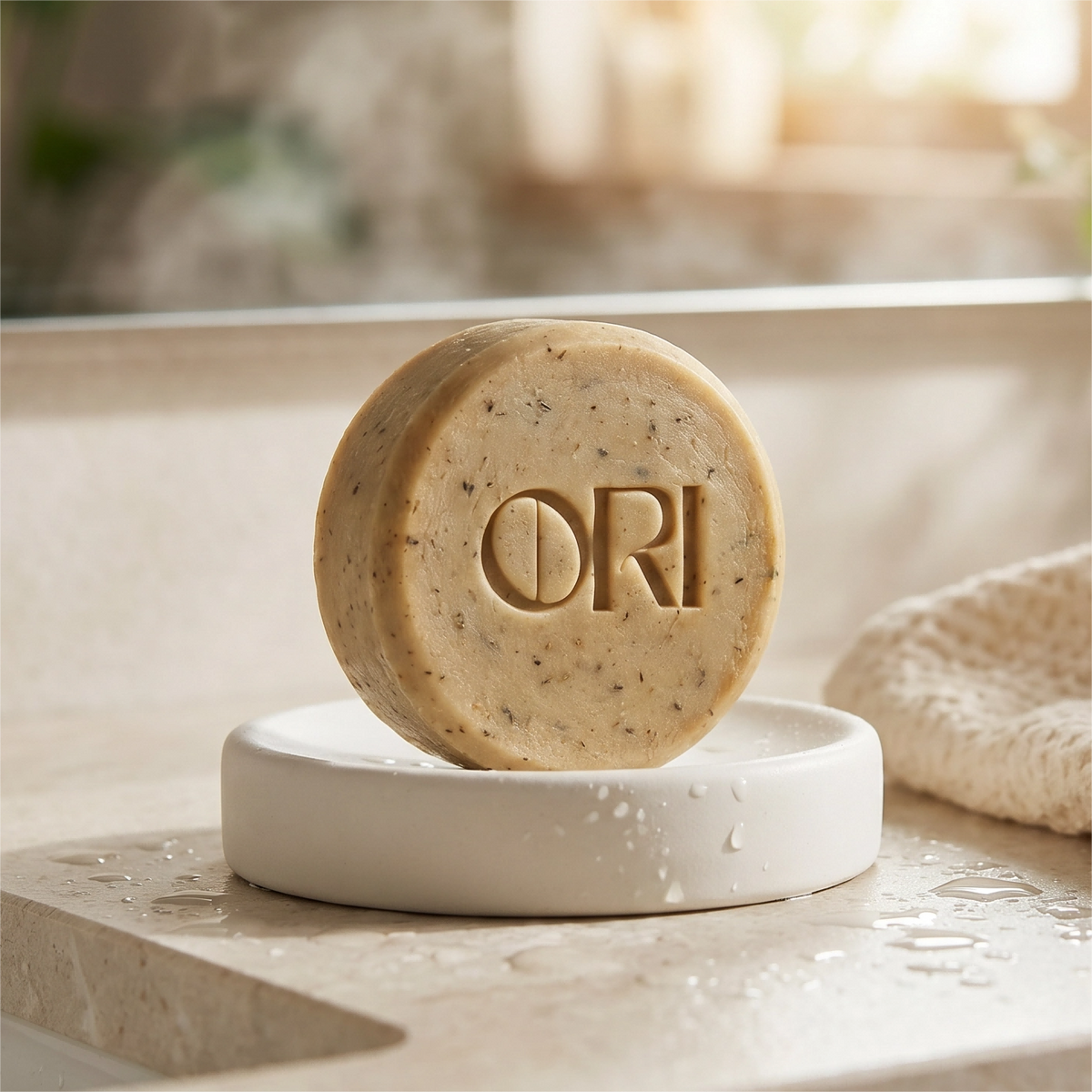 Heartleaf and goat milk soap bar: Standing on a white circular pedestal