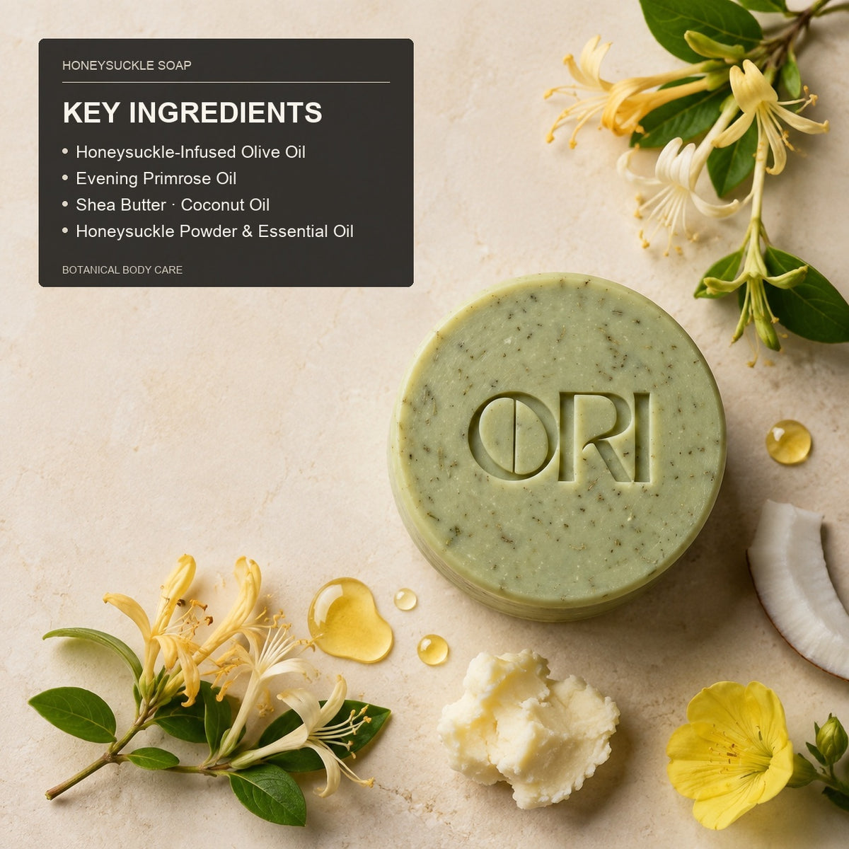 Honeysuckle soap bar: With an ingredient information panel