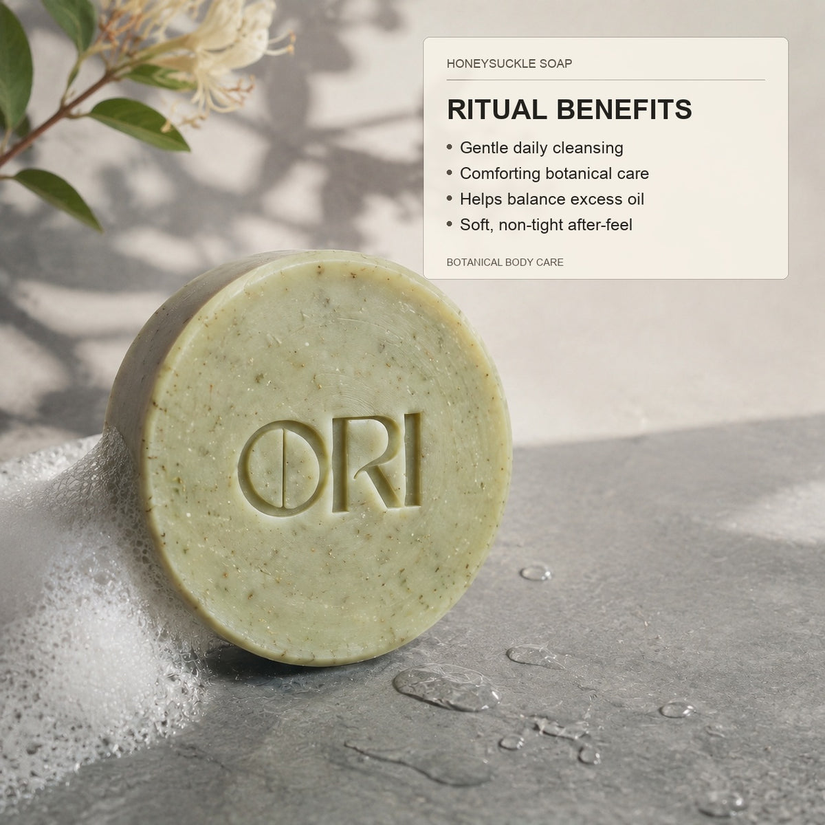 Honeysuckle soap bar: With a product information panel in sunlight