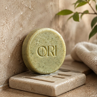 Honeysuckle soap bar: Standing on a stone soap dish