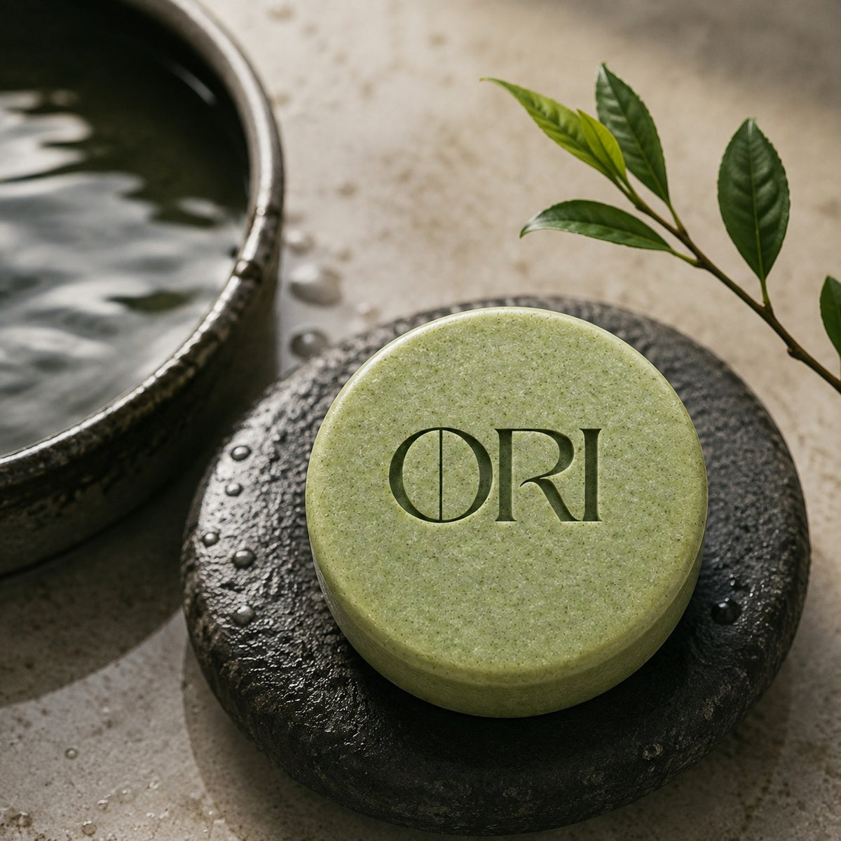 Matcha green tea soap bar: On dark stone beside water and tea leaves