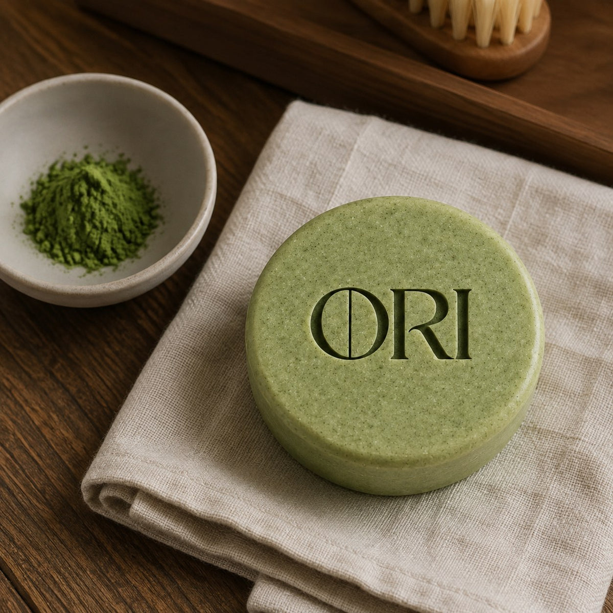 Matcha green tea soap bar: On linen beside a bowl of matcha powder