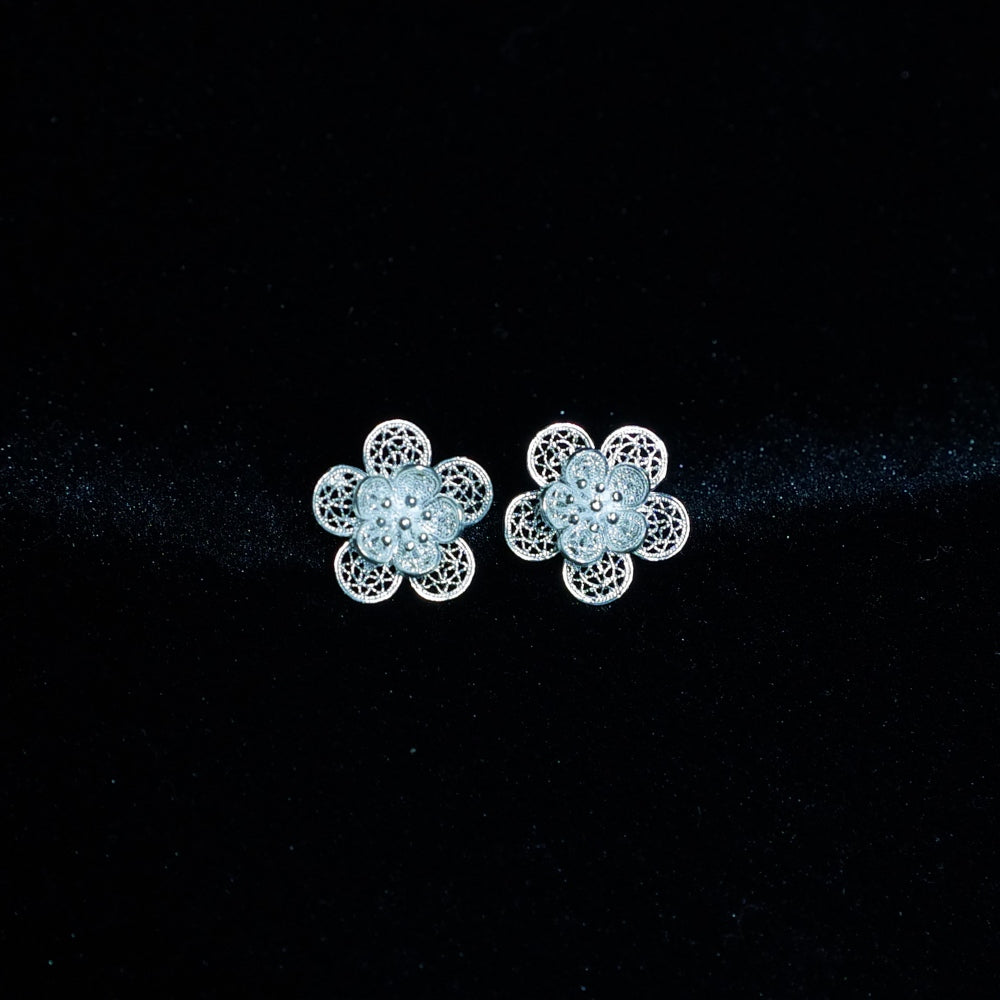 Handcrafted Miao Silver Flower Stud Earrings – 999 Fine Silver Filigree Jewelry