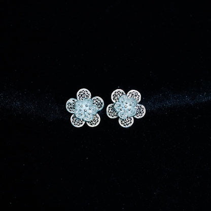 Handcrafted Miao Silver Flower Stud Earrings – 999 Fine Silver Filigree Jewelry