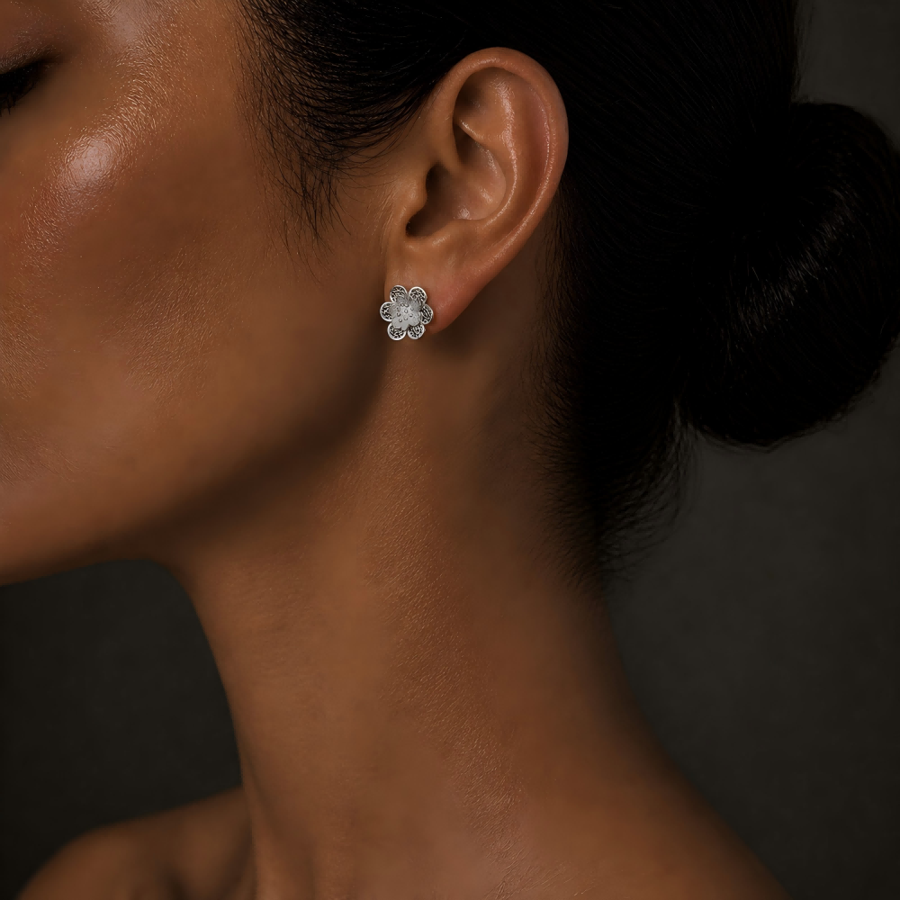 Handcrafted Miao Silver Flower Stud Earrings – 999 Fine Silver Filigree Jewelry