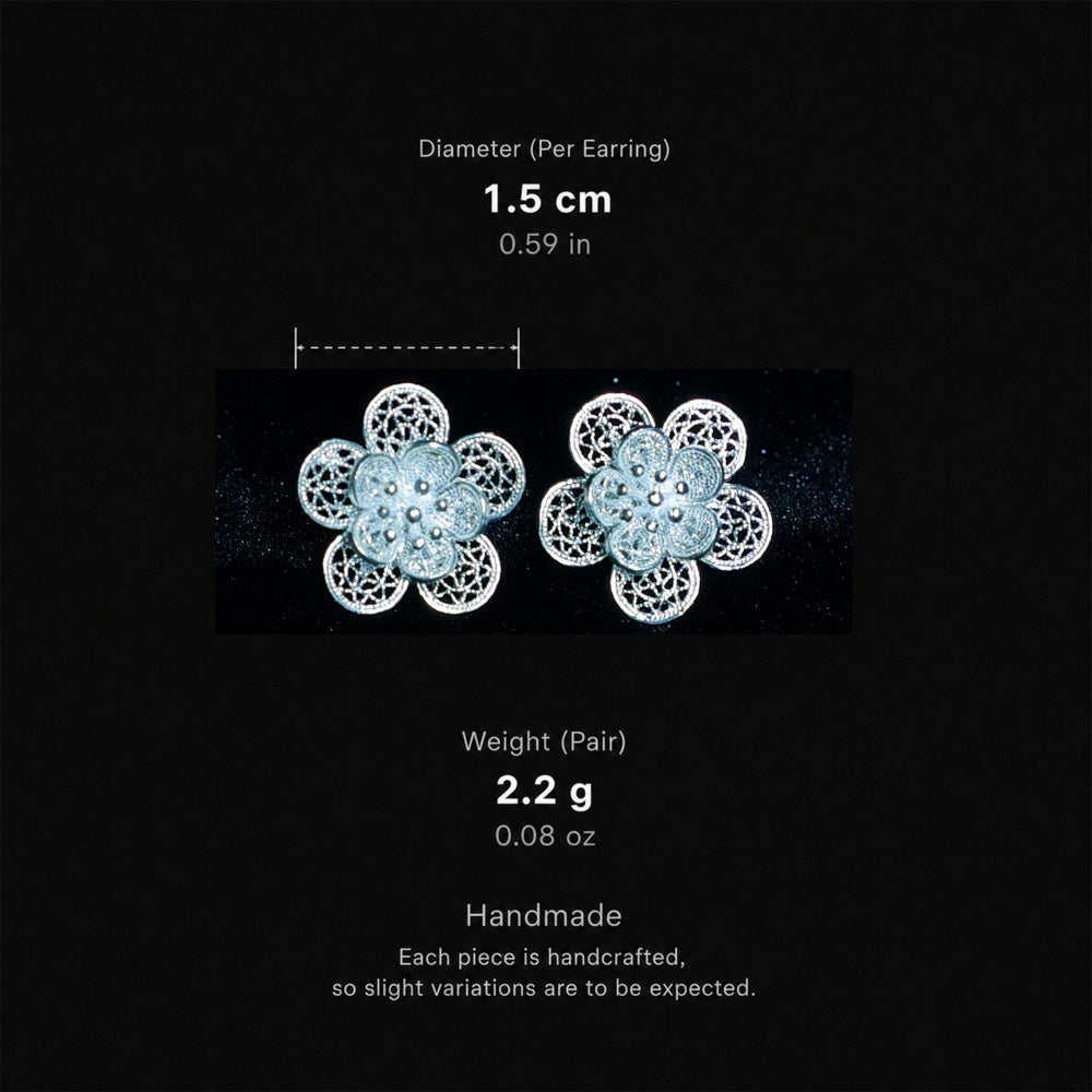 Handcrafted Miao Silver Flower Stud Earrings – 999 Fine Silver Filigree Jewelry