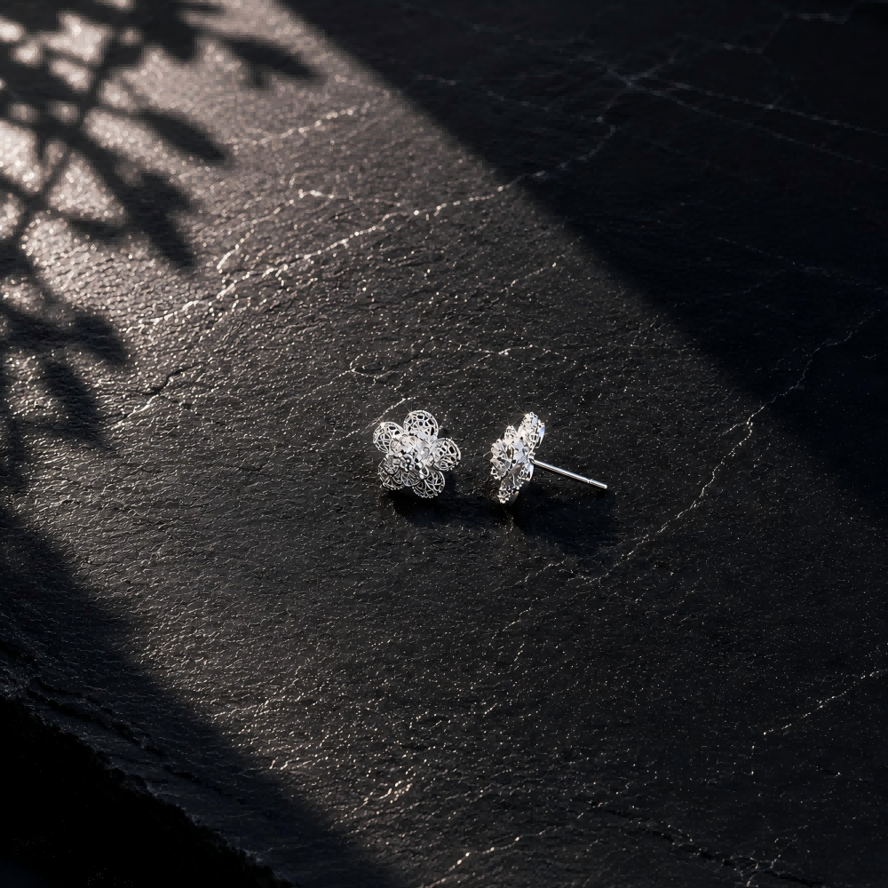 Handcrafted Miao Silver Flower Stud Earrings – 999 Fine Silver Filigree Jewelry