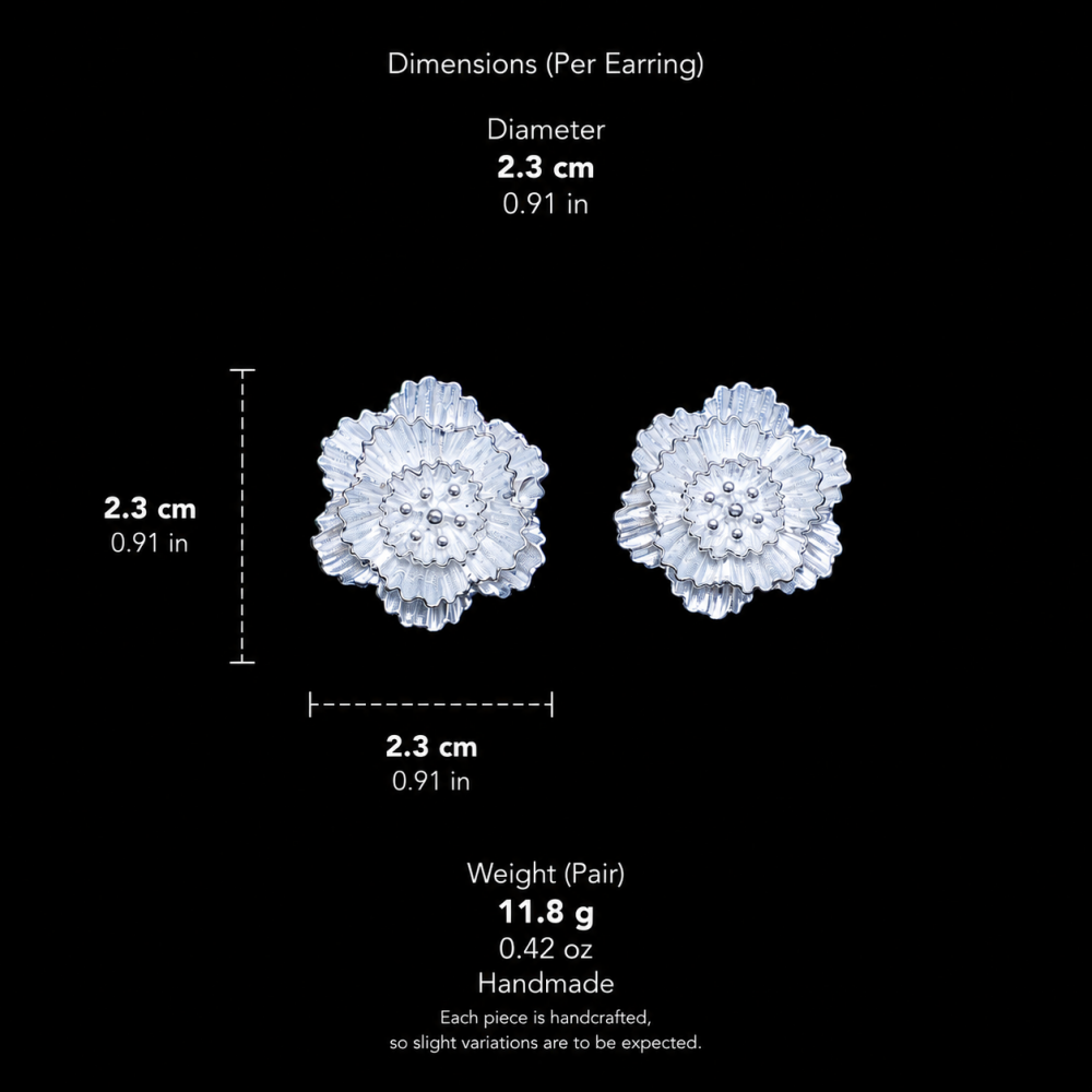 Miao silver textured flower studs: Dimension and weight guide for the textured flower studs