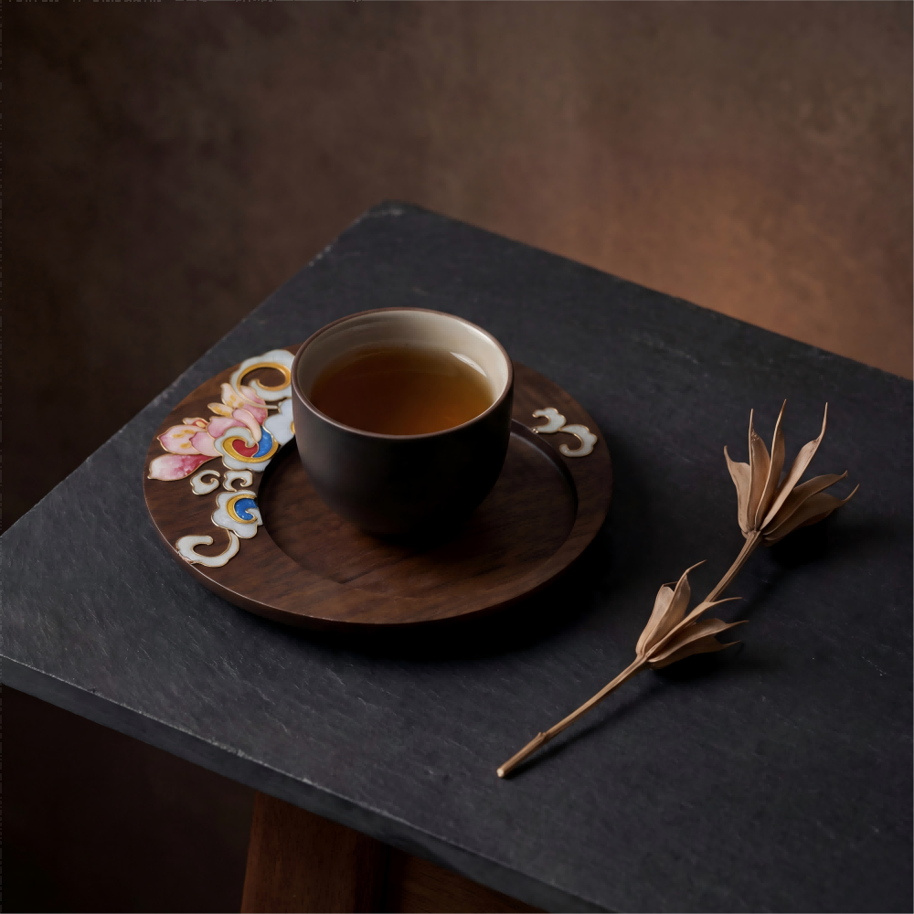 Handcrafted Circular Cloisonné Enamel Coaster ｜Black Walnut Wood