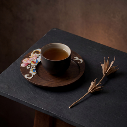 Handcrafted Circular Cloisonné Enamel Coaster ｜Black Walnut Wood