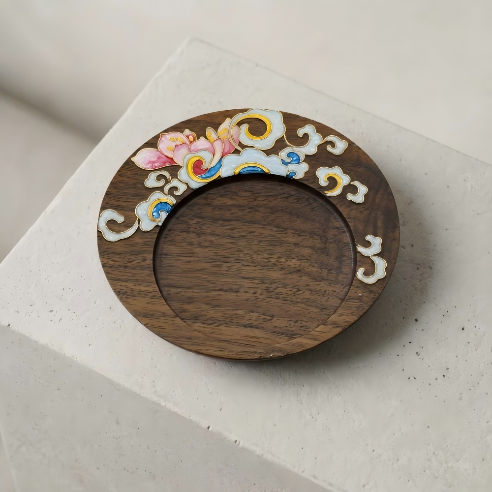 Handcrafted Circular Cloisonné Enamel Coaster ｜Black Walnut Wood