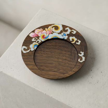 Handcrafted Circular Cloisonné Enamel Coaster ｜Black Walnut Wood