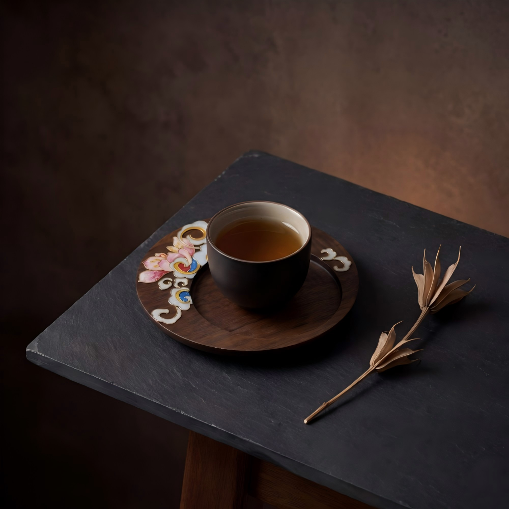 Handcrafted Circular Cloisonné Enamel Coaster ｜Black Walnut Wood