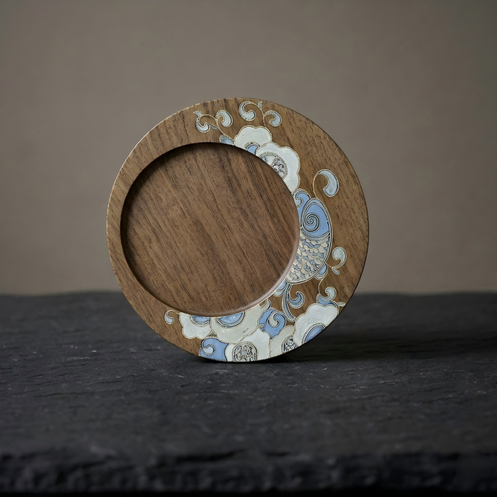 Handcrafted Circular Cloisonné Enamel Coaster ｜Black Walnut Wood