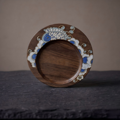 Handcrafted Circular Cloisonné Enamel Coaster ｜Black Walnut Wood