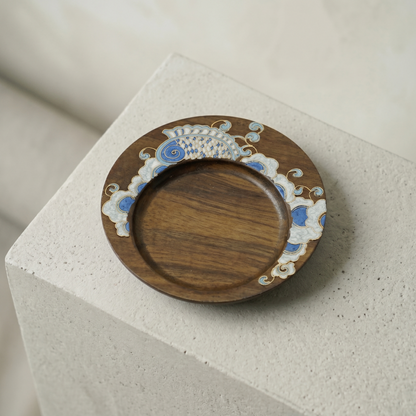 Handcrafted Circular Cloisonné Enamel Coaster ｜Black Walnut Wood