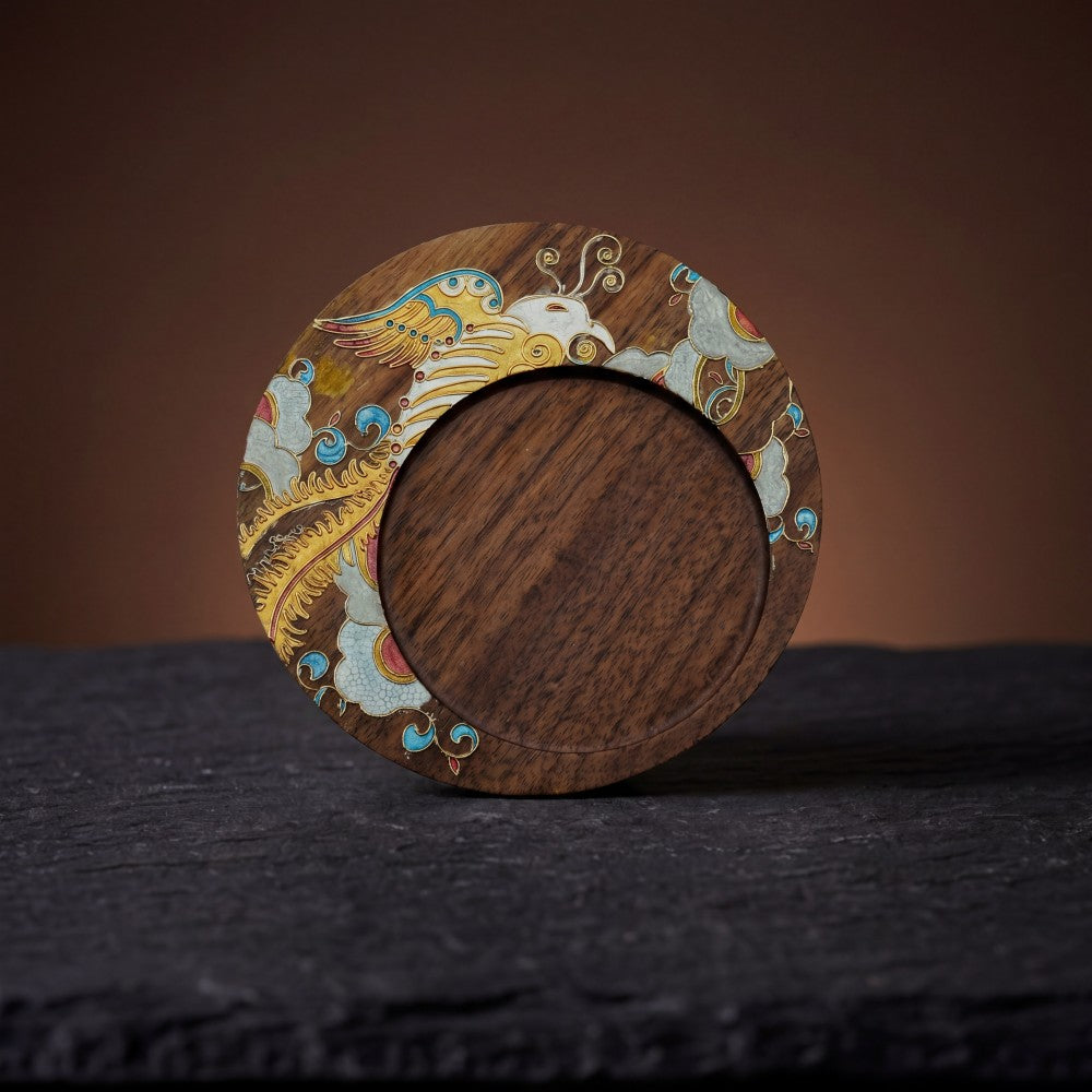 Handcrafted Circular Cloisonné Enamel Coaster ｜Black Walnut Wood