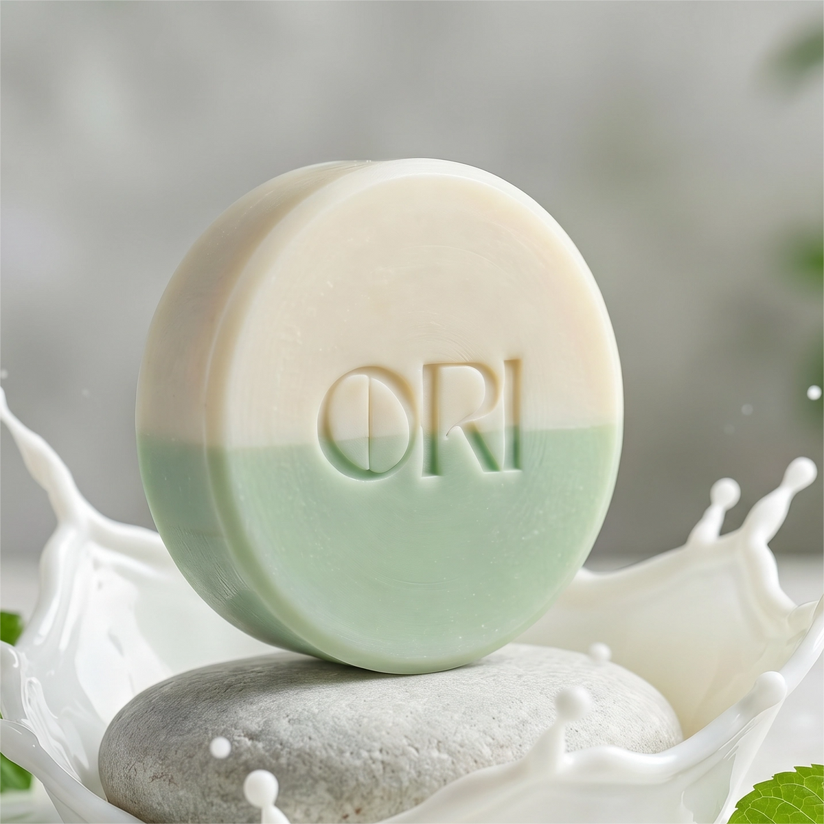 Peppermint and goat milk soap bar: Above a splash of milk