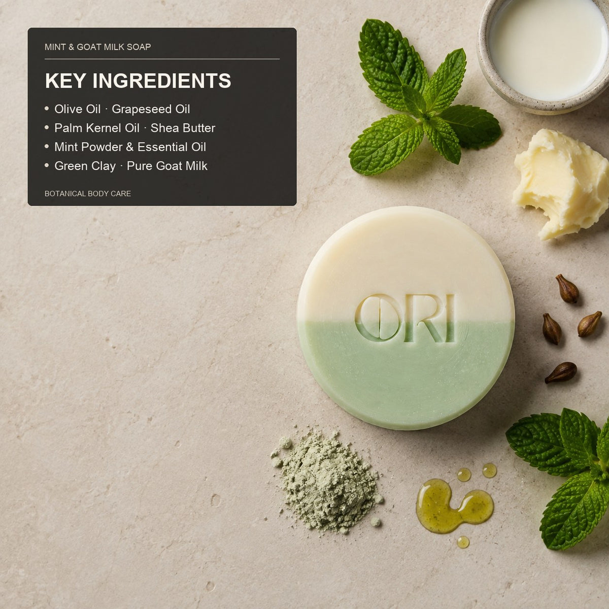 Peppermint and goat milk soap bar: With an ingredient information panel