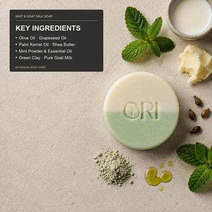 Peppermint and goat milk soap bar: With an ingredient information panel