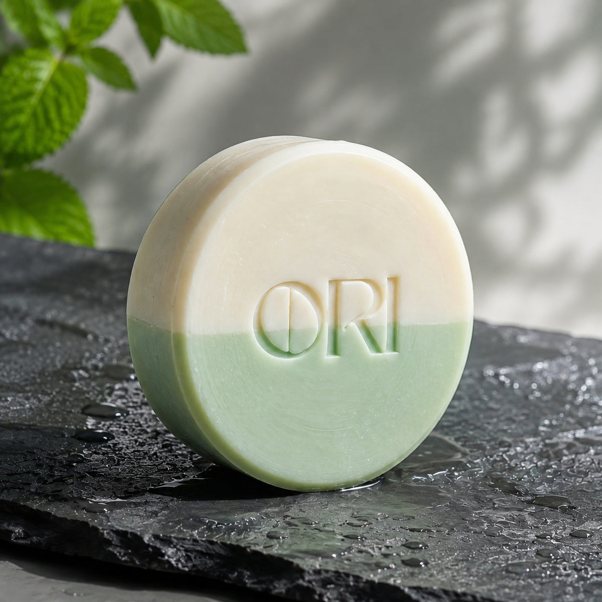 Peppermint and goat milk soap bar: With mint leaves on wet stone