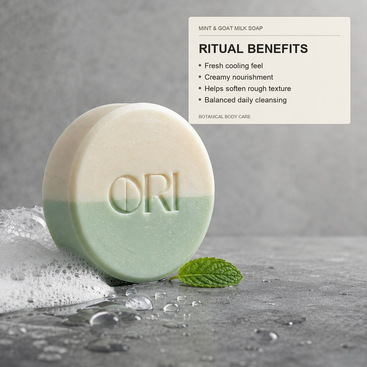 Peppermint and goat milk soap bar: With a product information panel