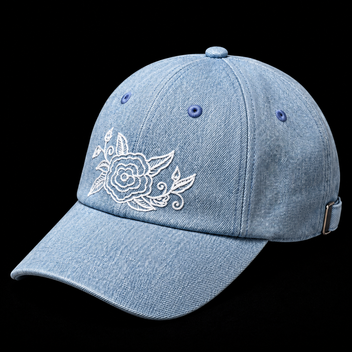 Qiang embroidered denim baseball cap: Angled view of embroidered front and brim
