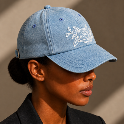 Qiang embroidered denim baseball cap: Blue cap with white floral embroidery worn by a model