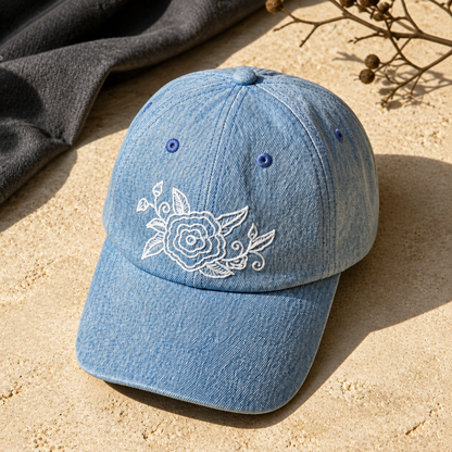 Qiang embroidered denim baseball cap: Blue embroidered cap on sunlit stone