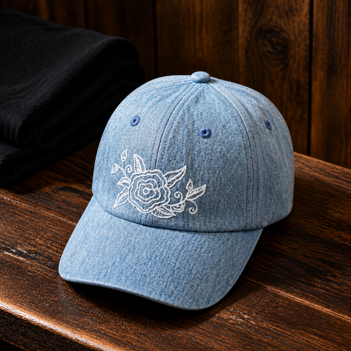 Qiang embroidered denim baseball cap: Blue embroidered cap on a wooden table