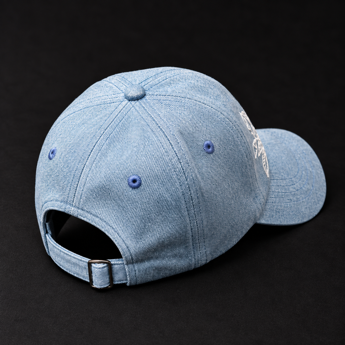 Qiang embroidered denim baseball cap: Rear view showing adjustable strap and opening
