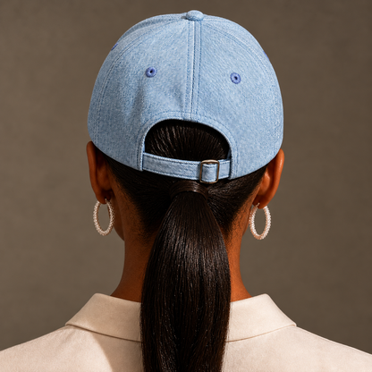 Qiang embroidered denim baseball cap: Rear view of cap worn with a ponytail through the opening