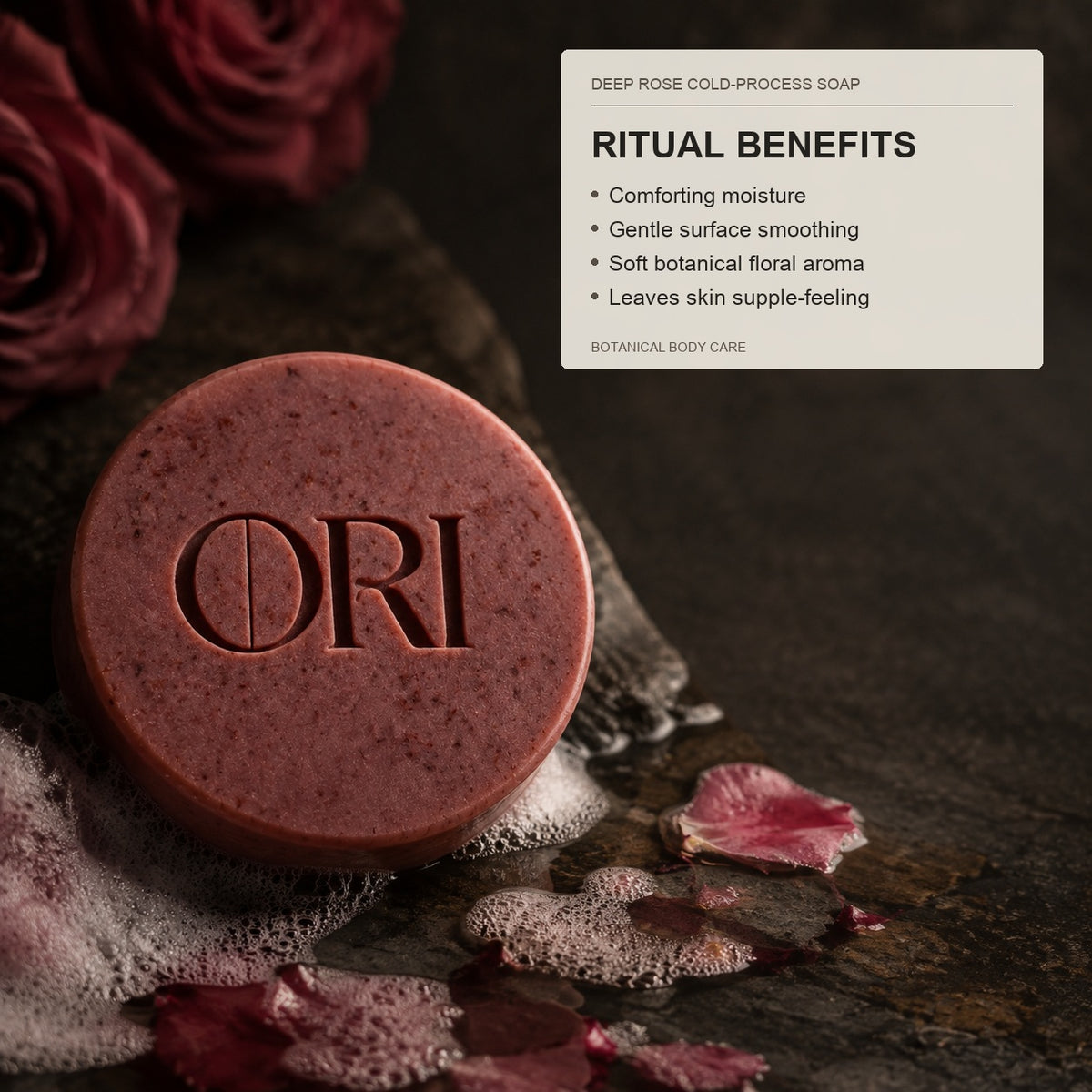Rose milled soap bar: With a product information panel