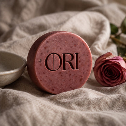 Rose milled soap bar: Standing on linen beside a rose