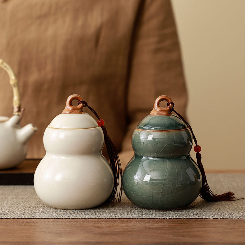 Ru Kiln Gourd Ceramic Storage Jar Gift Set – Handcrafted Tea & Spice Containers