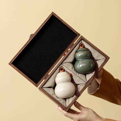 Ru Kiln Gourd Ceramic Storage Jar Gift Set – Handcrafted Tea & Spice Containers