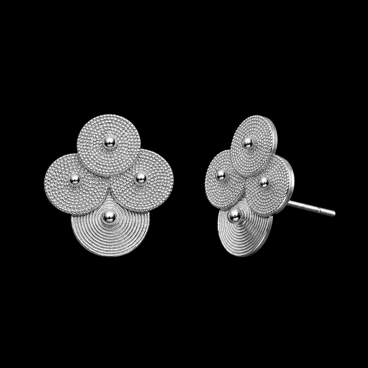 Silver spiral-disc cluster studs: Front and side views showing clustered spiral discs and post