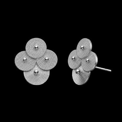 Silver spiral-disc cluster studs: Front and side views showing clustered spiral discs and post
