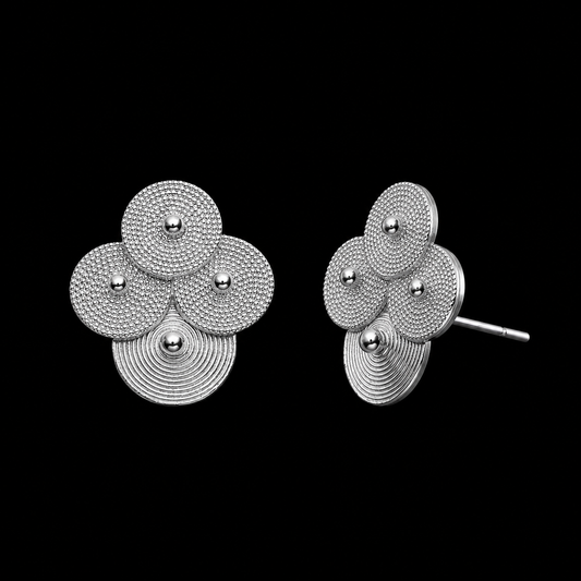 Silver spiral-disc cluster studs: Front and side views showing clustered spiral discs and post