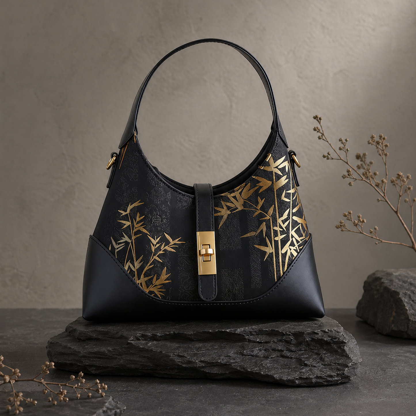 Song Brocade Silk Shoulder Bag – Chinese Bamboo & Floral Embroidered Underarm Bag | Orithing