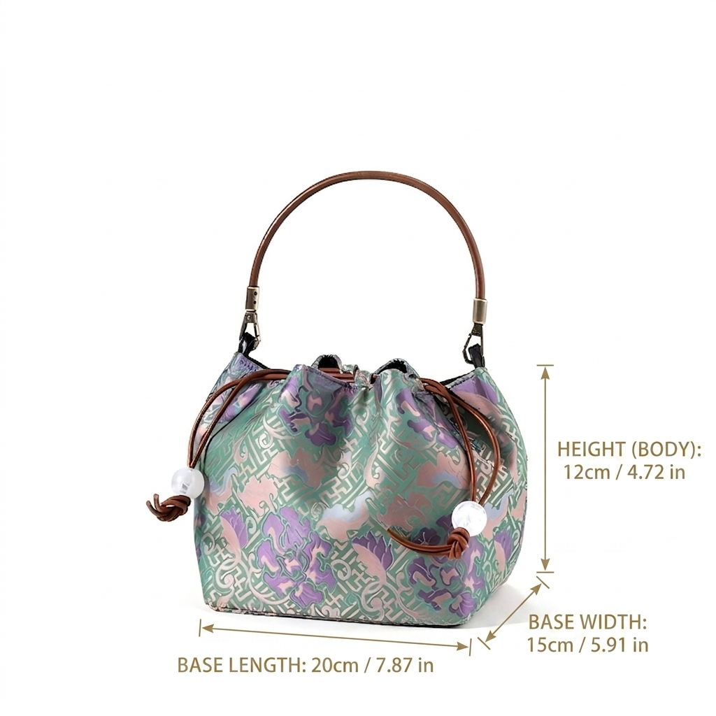 Song Brocade Bucket Bag – Silk Drawstring Handbag with Top Handle | Orithing