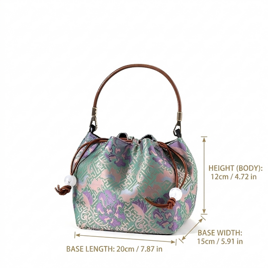 Song Brocade Bucket Bag – Silk Drawstring Handbag with Top Handle | Orithing